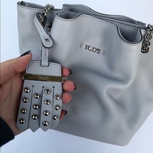 Tods flower chain micro grey leather tote